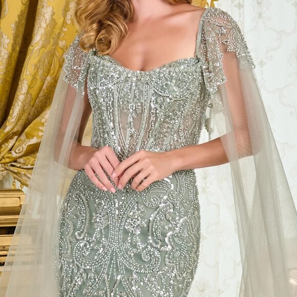 New Sage Beads Embellished  Maxi Mother Of Bride Gown w/ Cape Sleeves GL3704 - Picture 5 of 13